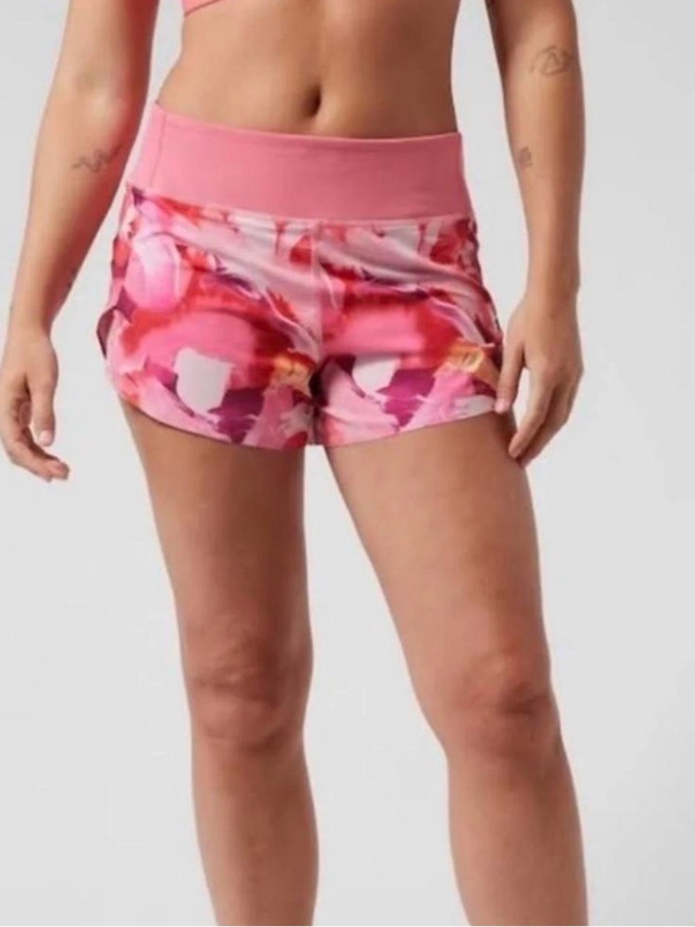 Athleta "Run With It" Pink Floral Lined Shorts XXS